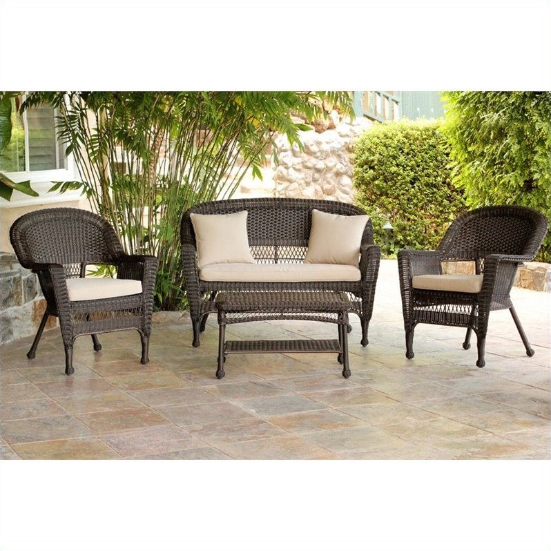 Afuera Living 4pc Wicker Conversation Set in Espresso with Tan Cushions