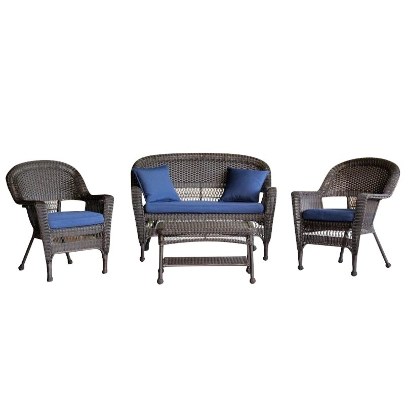 Afuera Living 4pc Wicker Conversation Set in Espresso with Navy Blue Cushions