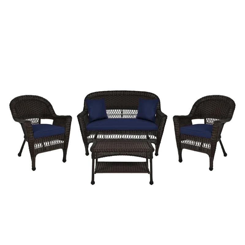 Afuera Living 4pc Wicker Conversation Set in Espresso with Navy Blue Cushions