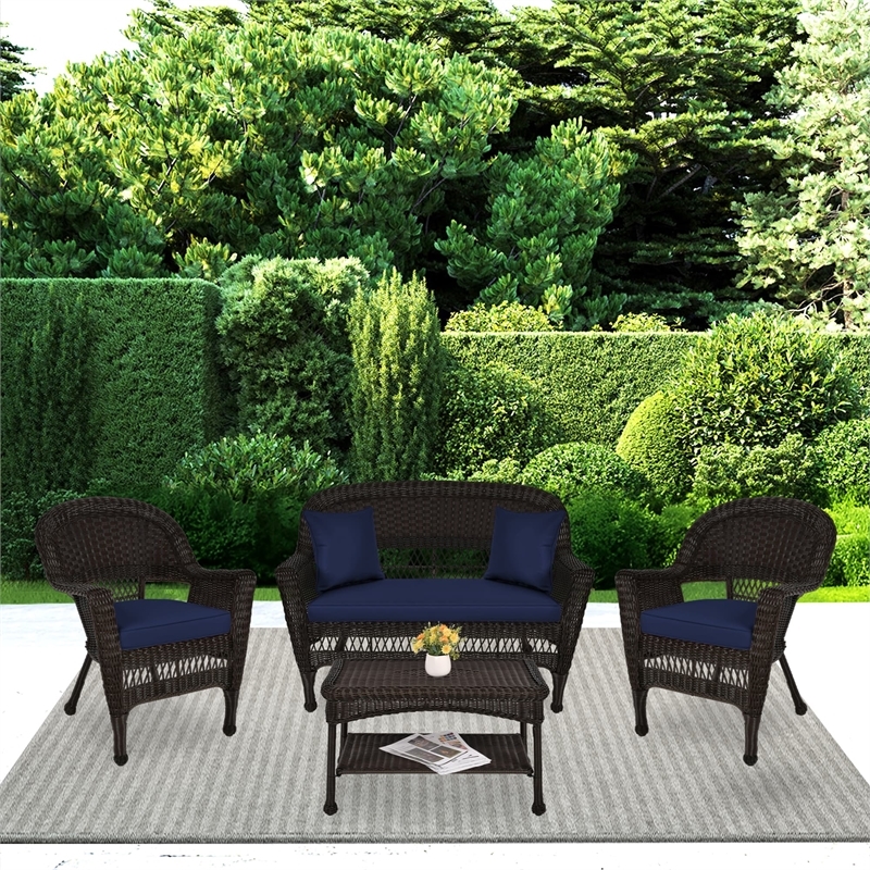 Afuera Living 4pc Wicker Conversation Set in Espresso with Navy Blue Cushions