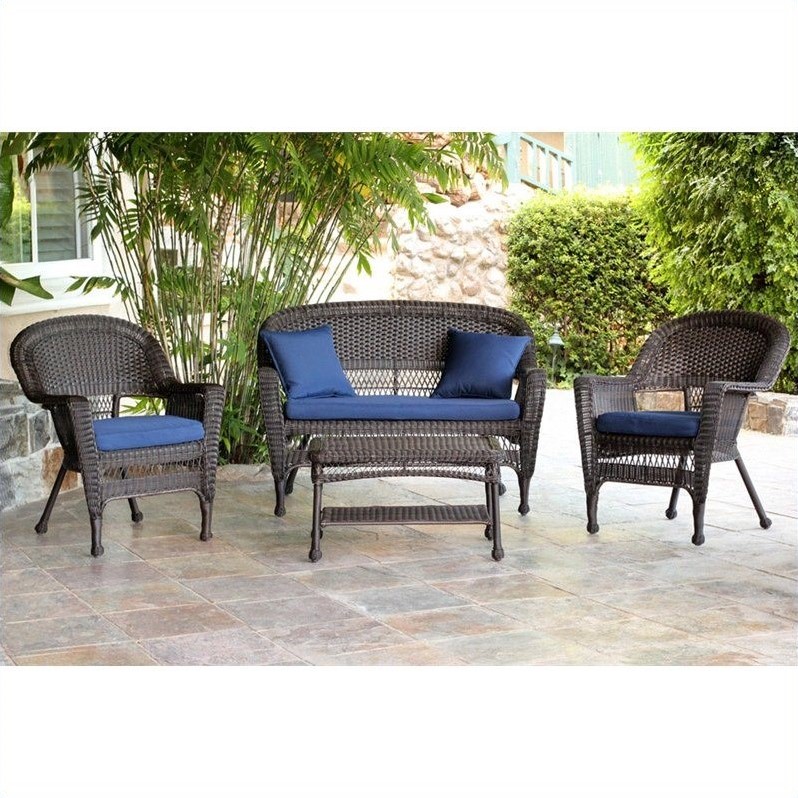 Afuera Living 4pc Wicker Conversation Set in Espresso with Navy Blue Cushions