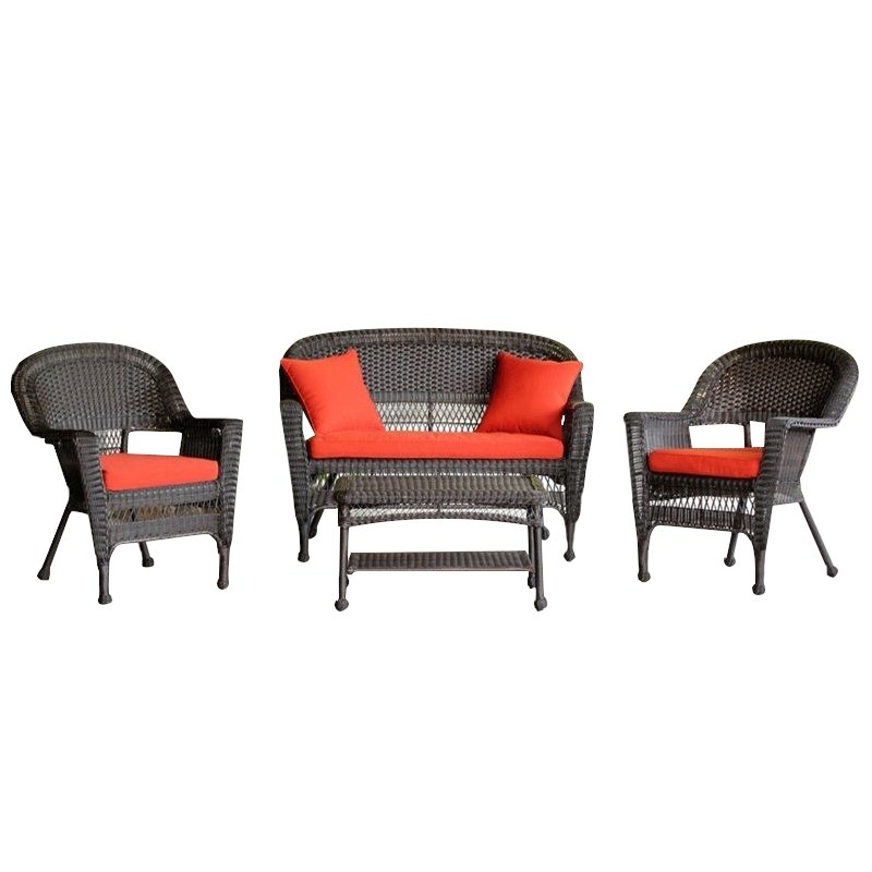 Afuera Living 4pc Wicker Conversation Set in Espresso with Red Orange Cushions