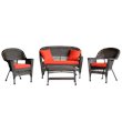 Afuera Living 4pc Wicker Conversation Set in Espresso with Red Orange Cushions