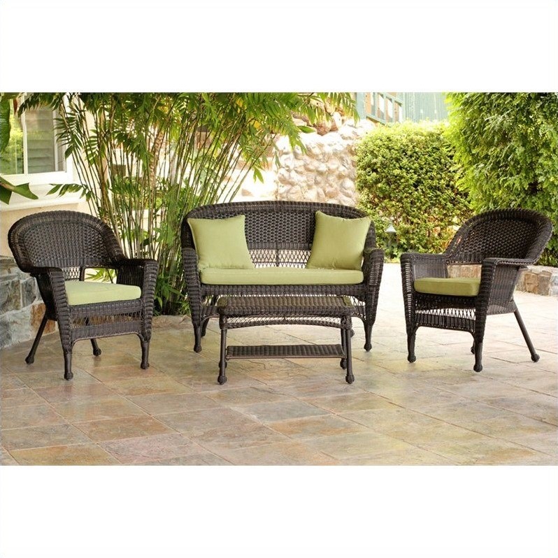 Afuera Living 4pc Wicker Conversation Set in Espresso with Green Cushions