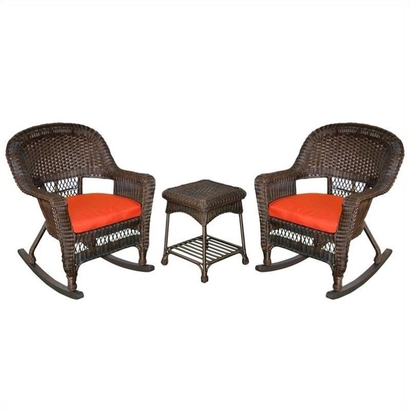 Afuera Living 3pc Wicker Rocker Chair Set in Espresso with Red Cushion