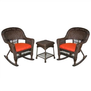Afuera Living 3pc Wicker Rocker Chair Set in Espresso with Red Cushion