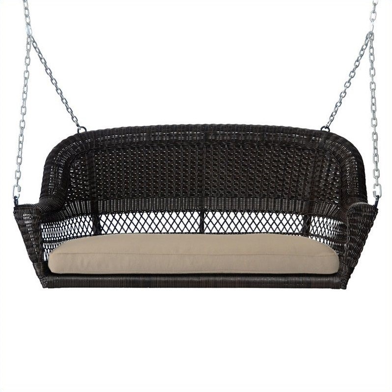 Afuera Living Wicker Porch Swing in Espresso with Tan Cushion