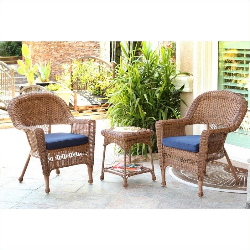 Afuera Living 3 Piece Resin Wicker Patio Conversation Set in Honey and Blue