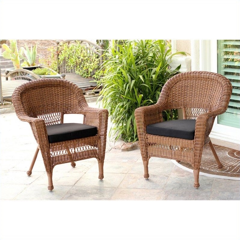 Afuera Living Wicker Chair in Honey with Black Cushion (Set of 2)