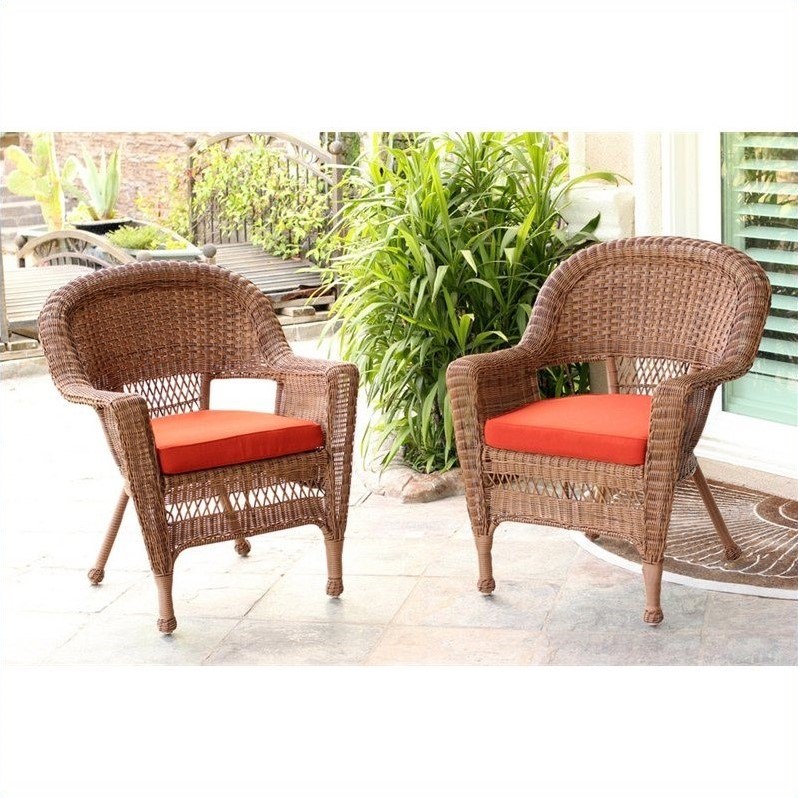 Afuera Living Wicker Chair in Honey with Red Cushion (Set of 2)