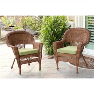 Afuera Living Wicker Chair in Honey with Green Cushion (Set of 2)
