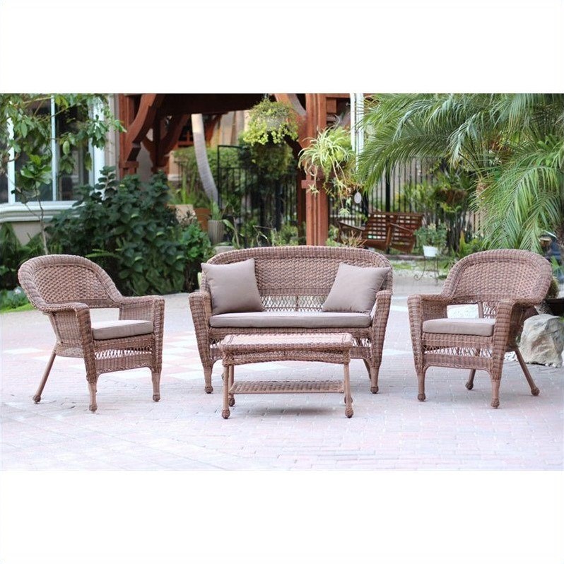 Afuera Living 4pc Wicker Conversation Set in Honey with Cocoa Brown Cushions