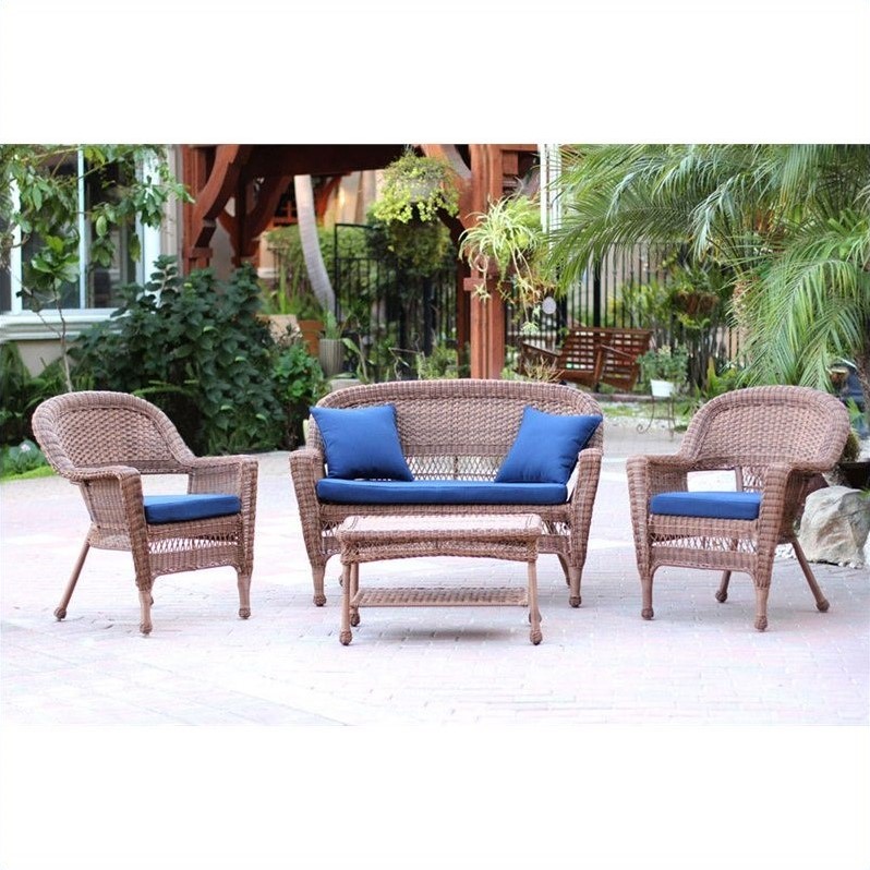 Afuera Living 4pc Wicker Conversation Set in Honey with Navy Blue Cushions