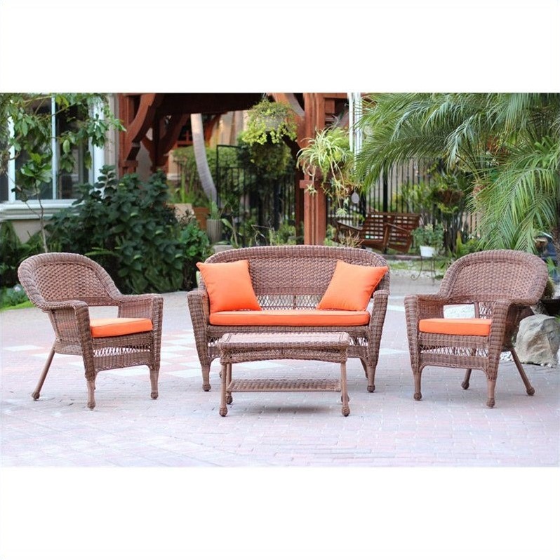 Afuera Living 4pc Wicker Conversation Set in Honey with Brick Orange Cushions