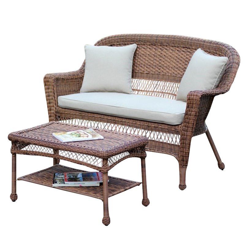 Afuera Living Patio Love Seat & Coffee Table Set in Espresso with Tan Cushion
