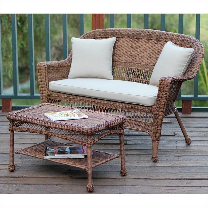 Afuera Living Patio Love Seat & Coffee Table Set in Espresso with Tan Cushion