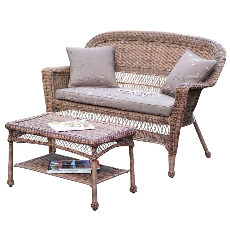 Afuera Living Patio Love Seat & Coffee Table Set in Honey with Brown Cushion