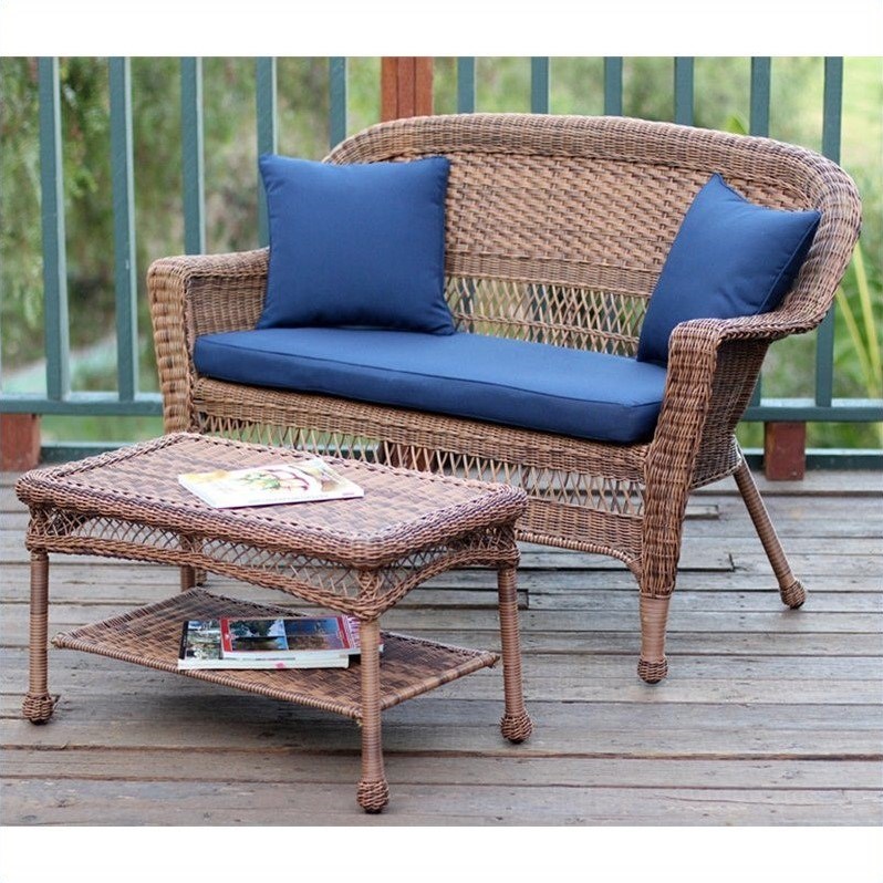 Afuera Living Patio Love Seat & Coffee Table Set in Honey with Blue Cushion