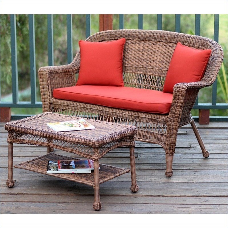 Afuera Living Wicker Patio Love Seat and Coffee Table Set in Honey