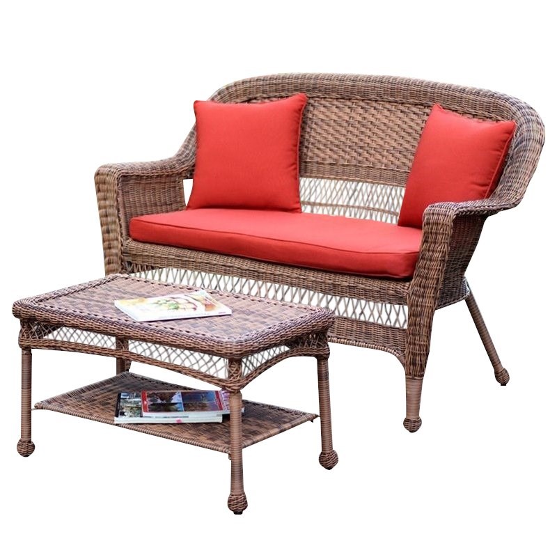 Afuera Living Wicker Patio Love Seat and Coffee Table Set in Honey