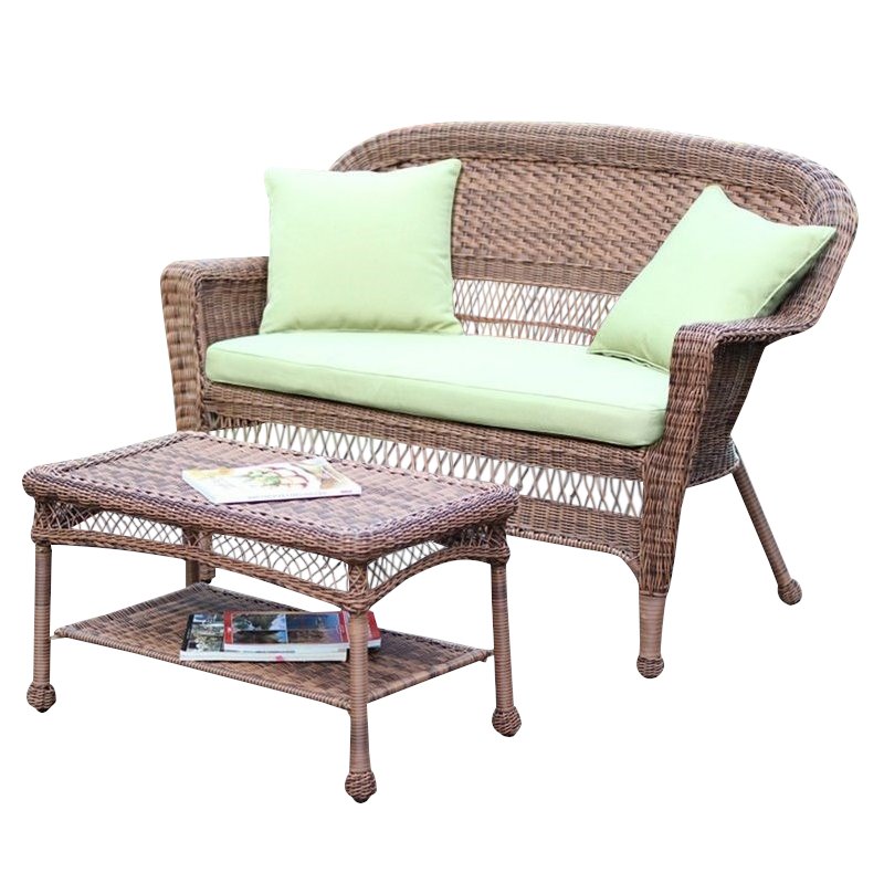 Afuera Living Patio Love Seat & Coffee Table Set in Honey with Green Cushion