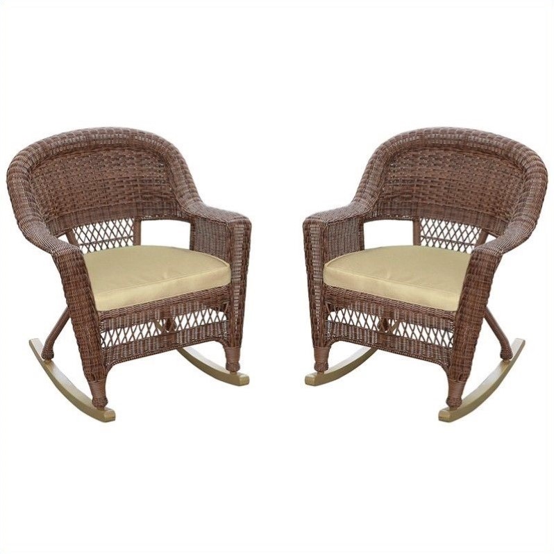 Afuera Living Wicker Rocker Chair in Honey with Tan Cushion (Set of 2)