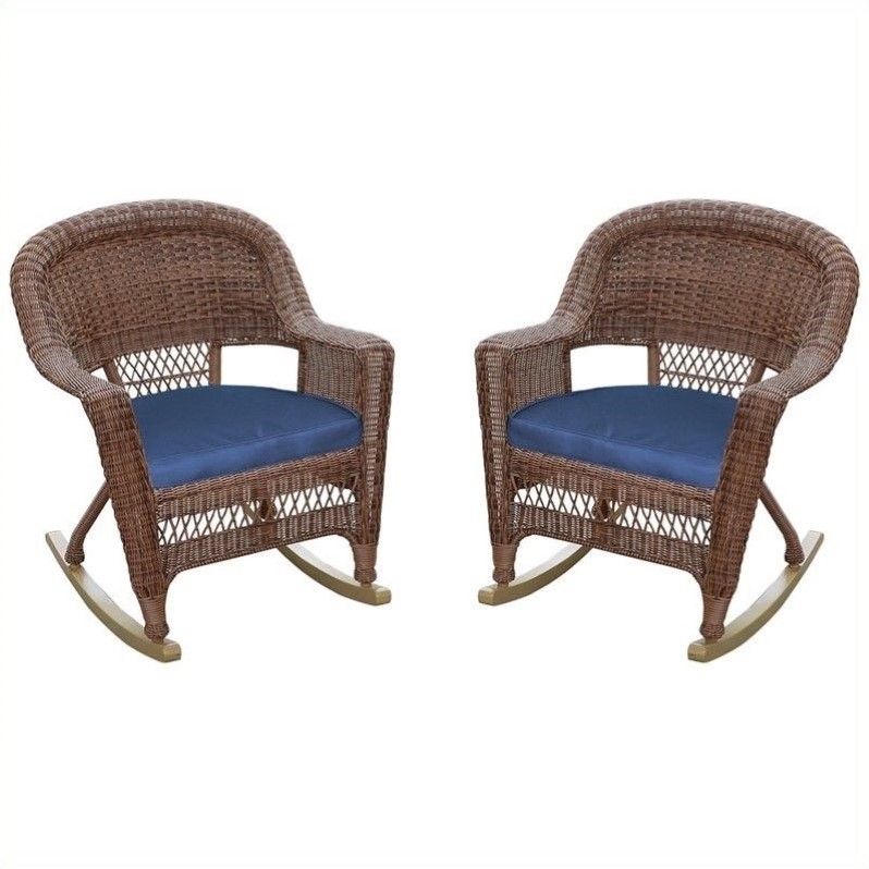 Afuera Living Wicker Rocker Chair in Honey with Blue Cushion (Set of 2)