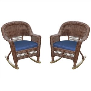 Afuera Living Wicker Rocker Chair in Honey with Blue Cushion (Set of 2)