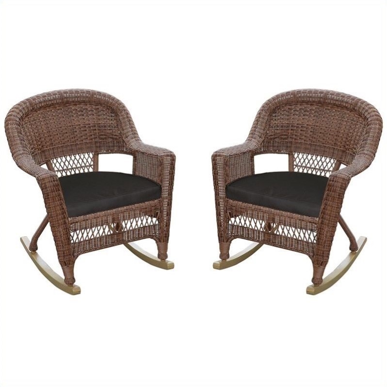 Afuera Living Wicker Rocker Chair in Honey with Black Cushion (Set of 2)