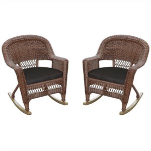 Afuera Living Wicker Rocker Chair in Honey with Black Cushion (Set of 2)