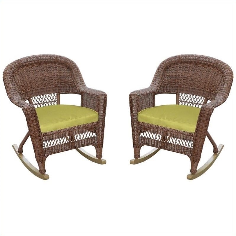 Afuera Living Wicker Rocker Chair in Honey with Green Cushion (Set of 2)