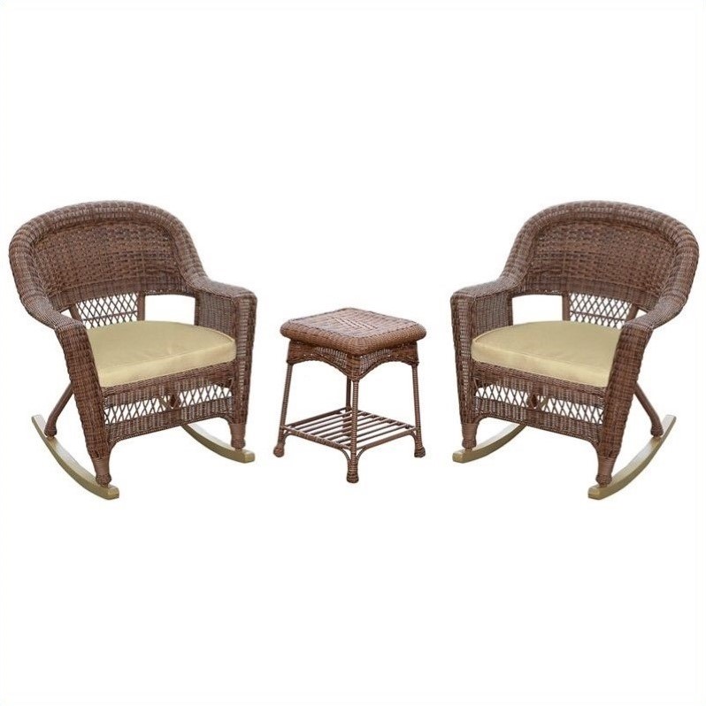 Afuera Living 3pc Wicker Rocker Chair Set in Honey with Tan Cushion