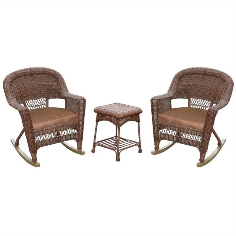 Afuera Living 3pc Wicker Rocker Chair Set in Honey with Brown Cushion