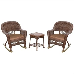 Afuera Living 3pc Wicker Rocker Chair Set in Honey with Brown Cushion