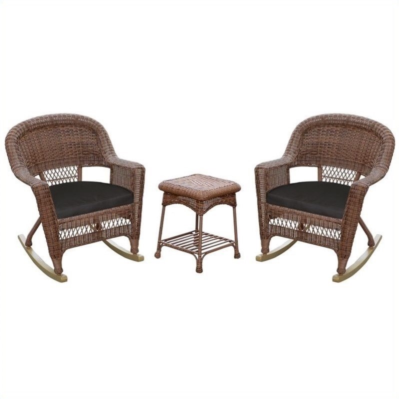Afuera Living 3pc Wicker Rocker Chair Set in Honey with Black Cushion