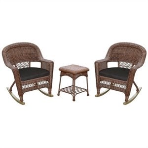 Afuera Living 3pc Wicker Rocker Chair Set in Honey with Black Cushion