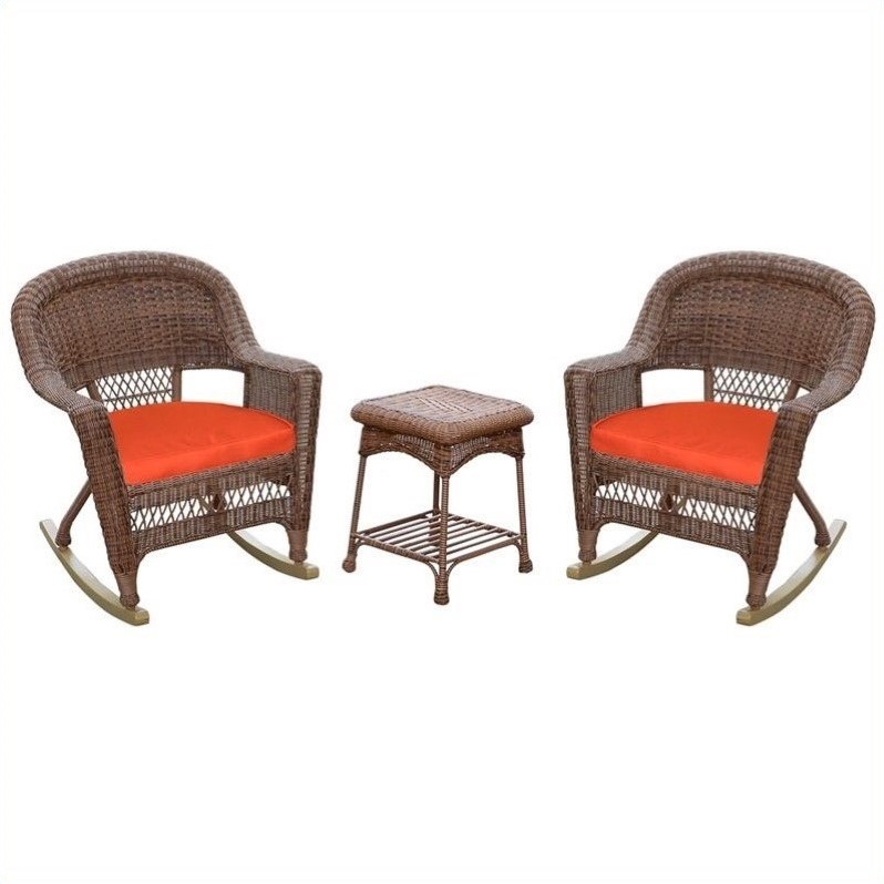 Afuera Living 3pc Wicker Rocker Chair Set in Honey with Red Cushion