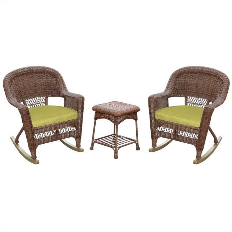 Afuera Living 3pc Wicker Rocker Chair Set in Honey with Green Cushion