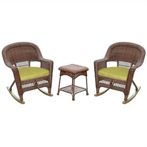 Afuera Living 3pc Wicker Rocker Chair Set in Honey with Green Cushion