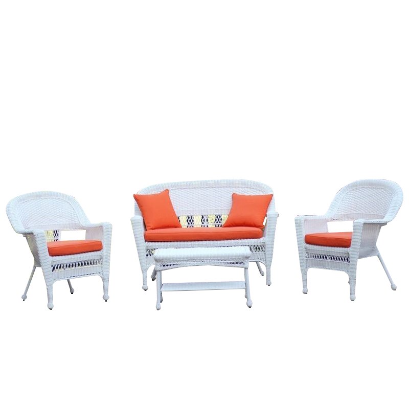 Afuera Living 4pc Wicker Conversation Set in White with Brick Orange Cushions