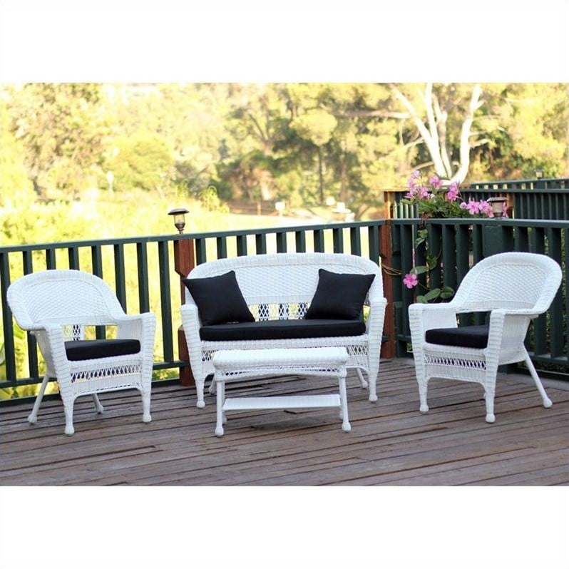Afuera Living 4pc Wicker Conversation Set in White with Black Cushions