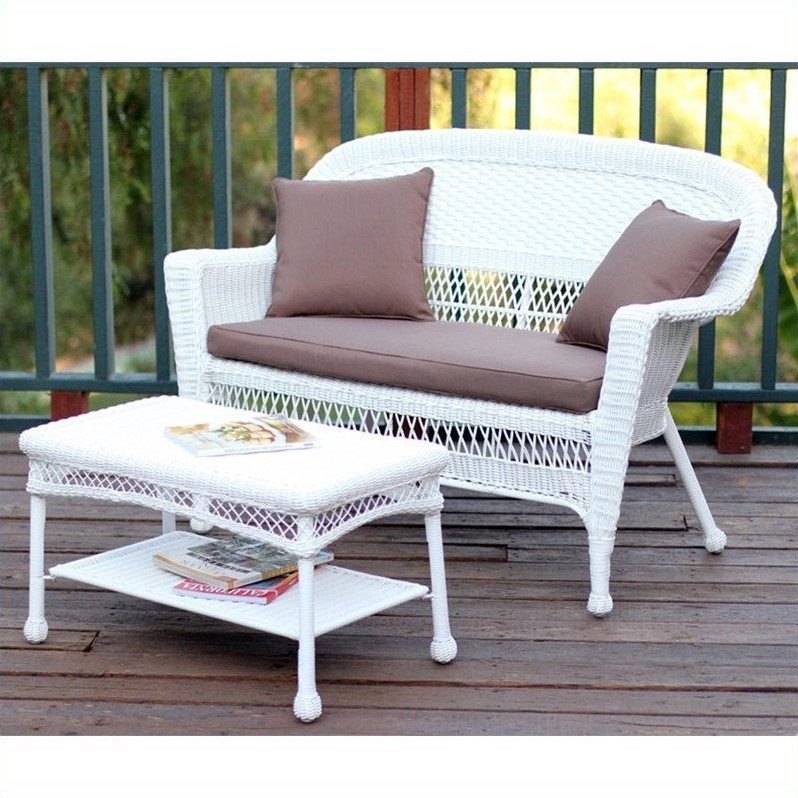 Afuera Living Patio Love Seat & Coffee Table Set in White with Brown Cushion