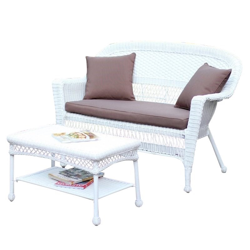 Afuera Living Patio Love Seat & Coffee Table Set in White with Brown Cushion