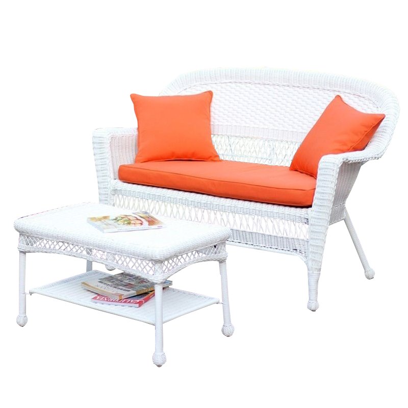 Afuera Living Patio Love Seat & Coffee Table Set in White with Orange Cushion