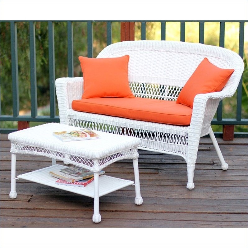 Afuera Living Patio Love Seat & Coffee Table Set in White with Orange Cushion
