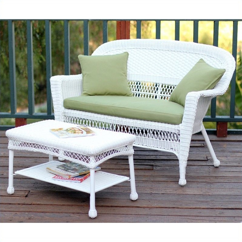 Afuera Living Patio Love Seat & Coffee Table Set in White with Green Cushion