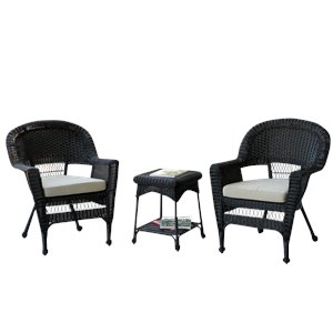 afuera living 3 piece wicker conversation set in black with tan cushions