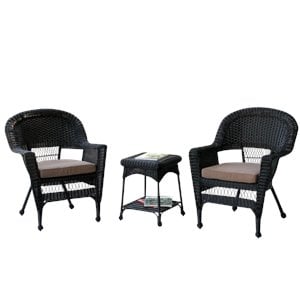 afuera living 3 piece wicker conversation set in black with brown cushions