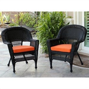 Afuera Living Wicker Chair in Black with Orange Cushion (Set of 2)