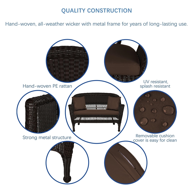 Afuera Living Patio Love Seat & Coffee Table Set in Black with Brown Cushion